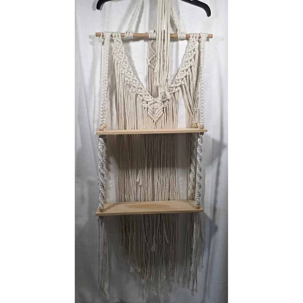 Boho Macrame Wall Hanging Shelf 2 Tier Wood Floating Plant Hanger Cream Cotton